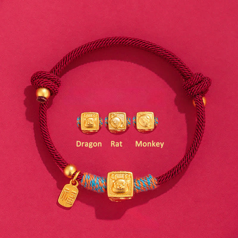 Buddha Stones Handmade Red String Chinese Zodiac Luck Fu Charm Bracelet - 999 Silver Dragon Rat Monkey Three Harmonies Red Bracelet - Silver(Blessing♥Calm) - image 3