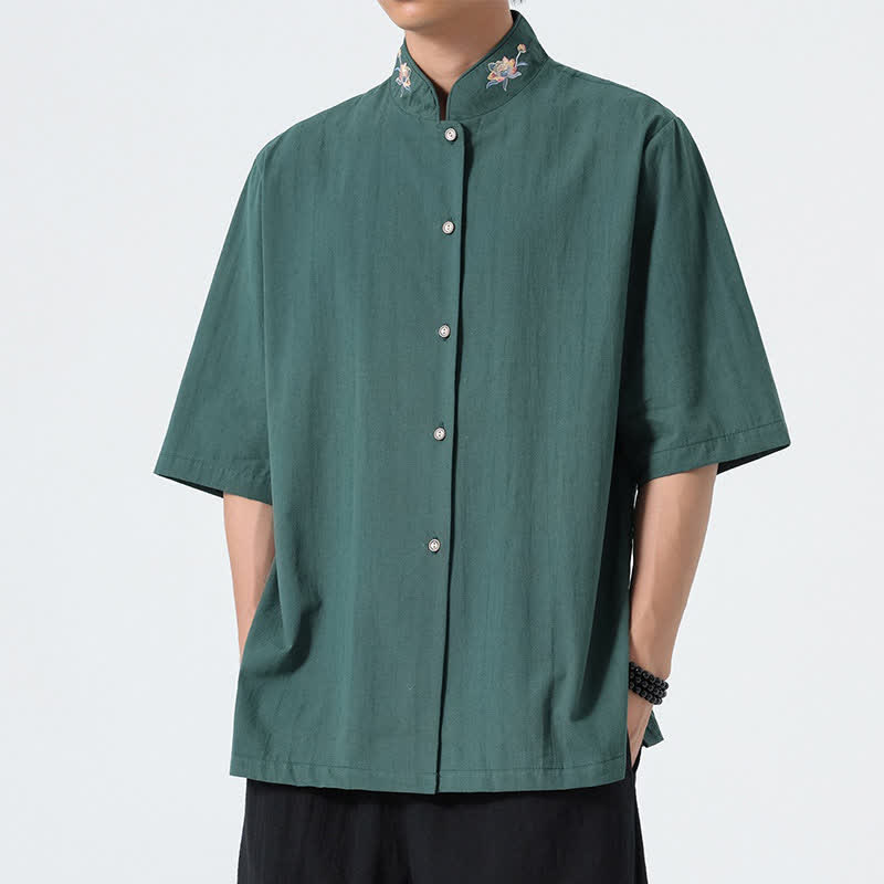 Buddha Stones Summer Tang Style Mandarin Collar Lotus Embroidery Solid Men's Shirts - SeaGreen - US/UK/AU46，EU56 (5XL) - image 0