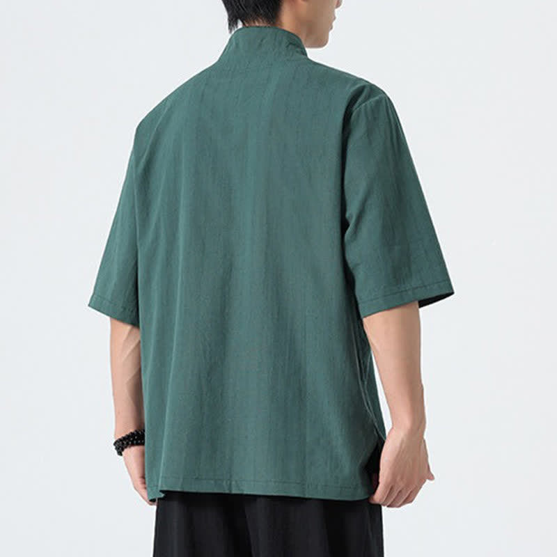 Buddha Stones Summer Tang Style Mandarin Collar Lotus Embroidery Solid Men's Shirts - image 4