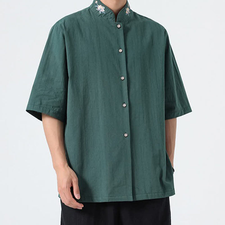 Buddha Stones Summer Tang Style Mandarin Collar Lotus Embroidery Solid Men's Shirts - image 2