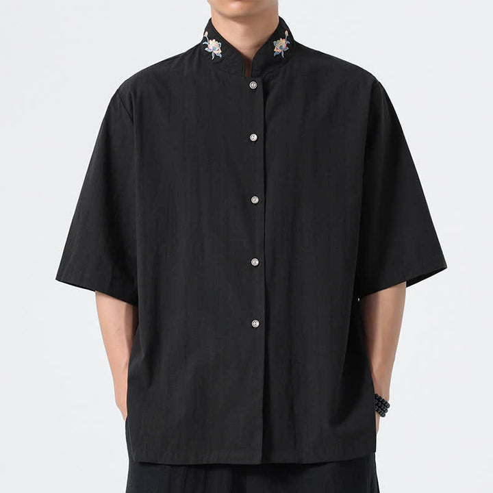 Buddha Stones Summer Tang Style Mandarin Collar Lotus Embroidery Solid Men's Shirts - Black - US/UK/AU46，EU56 (5XL) - image 8