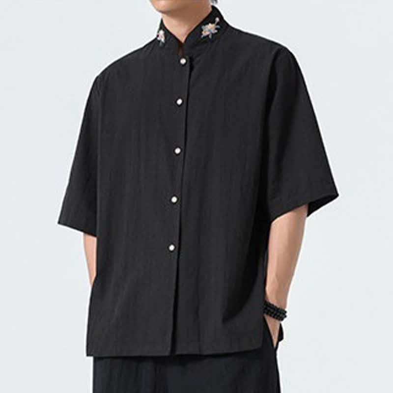 Buddha Stones Summer Tang Style Mandarin Collar Lotus Embroidery Solid Men's Shirts - image 9