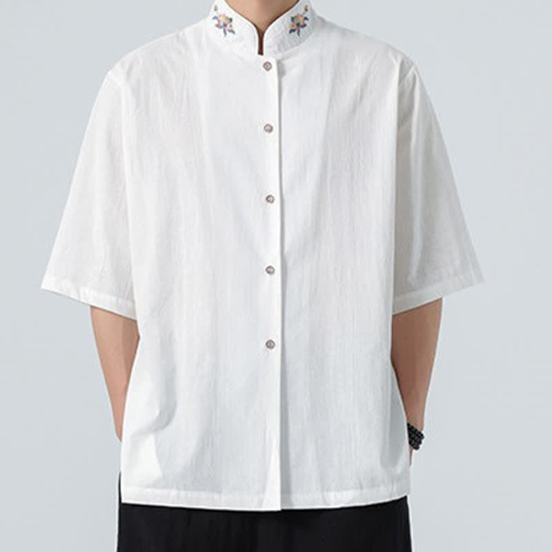 Buddha Stones Summer Tang Style Mandarin Collar Lotus Embroidery Solid Men's Shirts - image 18