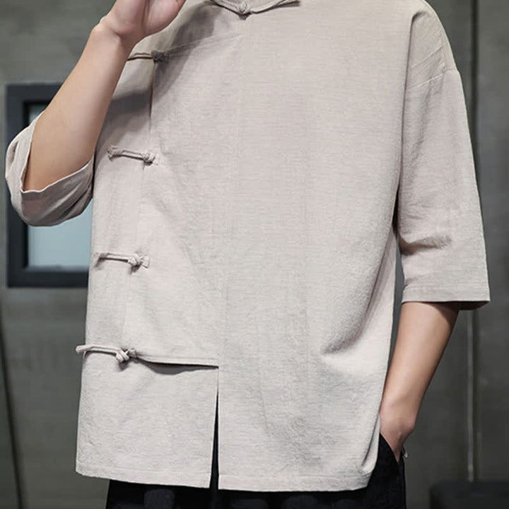 Buddha Stones Summer Tang Style Mandarin Collar Frog Button Solid Short Sleeve Men's Shirts - image 10