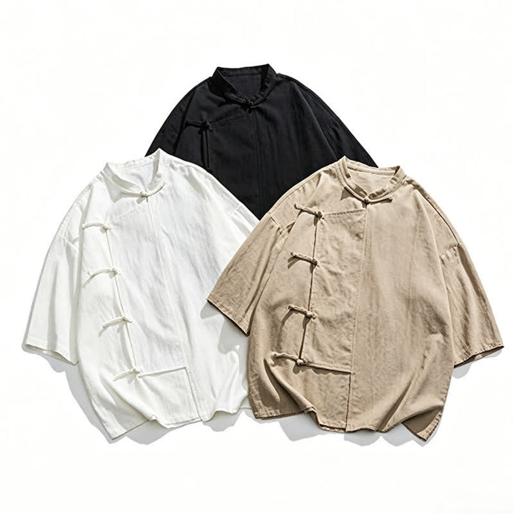 Buddha Stones Summer Tang Style Mandarin Collar Frog Button Solid Short Sleeve Men's Shirts - image 31