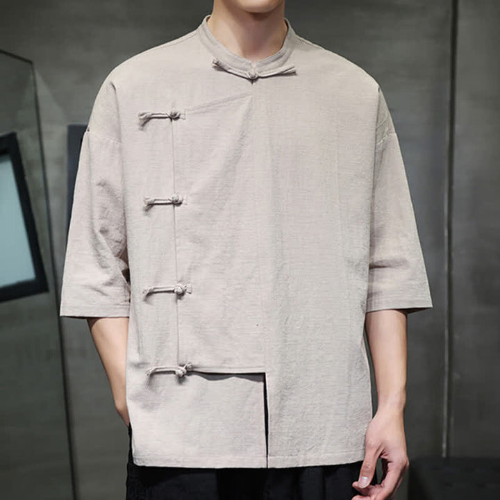 Buddha Stones Summer Tang Style Mandarin Collar Frog Button Solid Short Sleeve Men's Shirts - image 4