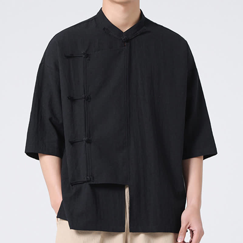 Buddha Stones Summer Tang Style Mandarin Collar Frog Button Solid Short Sleeve Men's Shirts - image 14