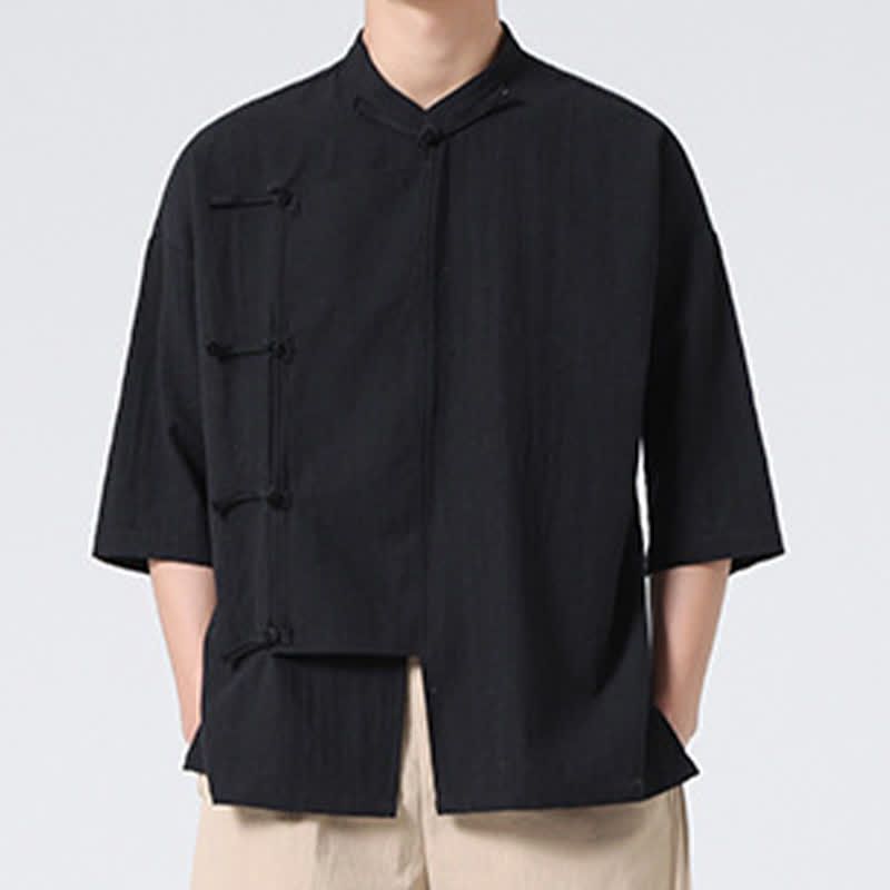 Buddha Stones Summer Tang Style Mandarin Collar Frog Button Solid Short Sleeve Men's Shirts - image 13