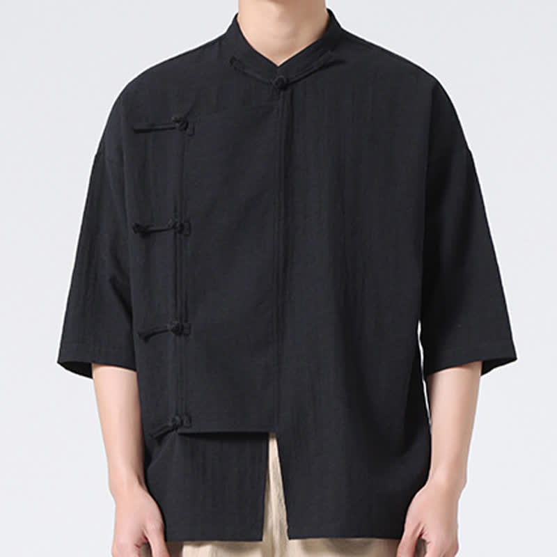 Buddha Stones Summer Tang Style Mandarin Collar Frog Button Solid Short Sleeve Men's Shirts - image 18
