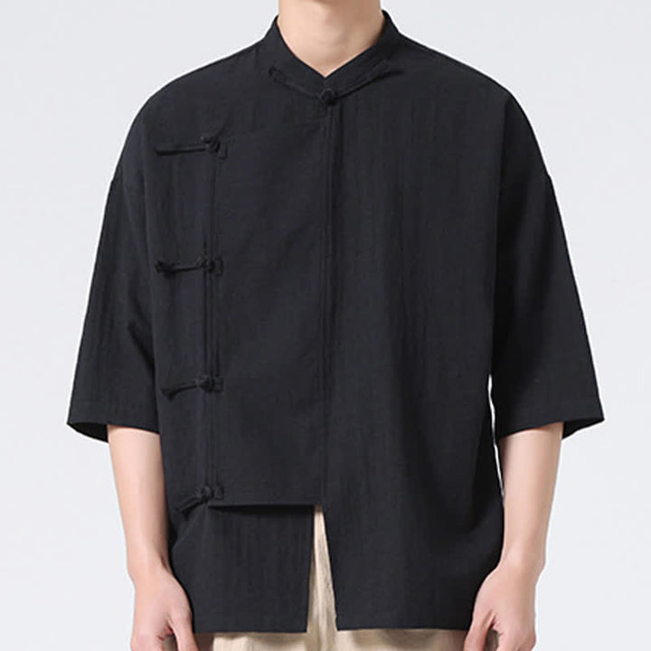 Buddha Stones Summer Tang Style Mandarin Collar Frog Button Solid Short Sleeve Men's Shirts - image 18