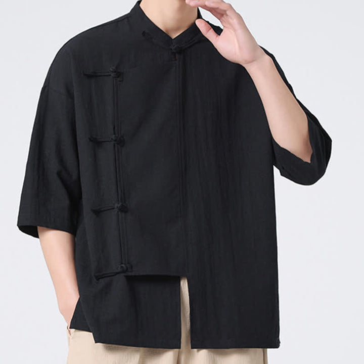 Buddha Stones Summer Tang Style Mandarin Collar Frog Button Solid Short Sleeve Men's Shirts - image 20