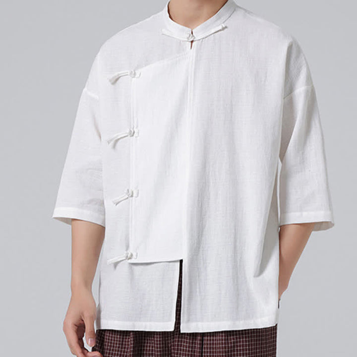 Buddha Stones Summer Tang Style Mandarin Collar Frog Button Solid Short Sleeve Men's Shirts - image 27