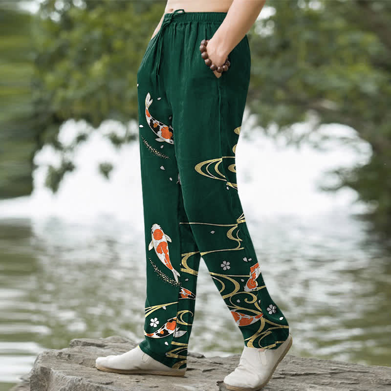 Buddha Stones Cotton Koi Fish Ripple Pattern Men's Tapered Pants With Pockets - image 5
