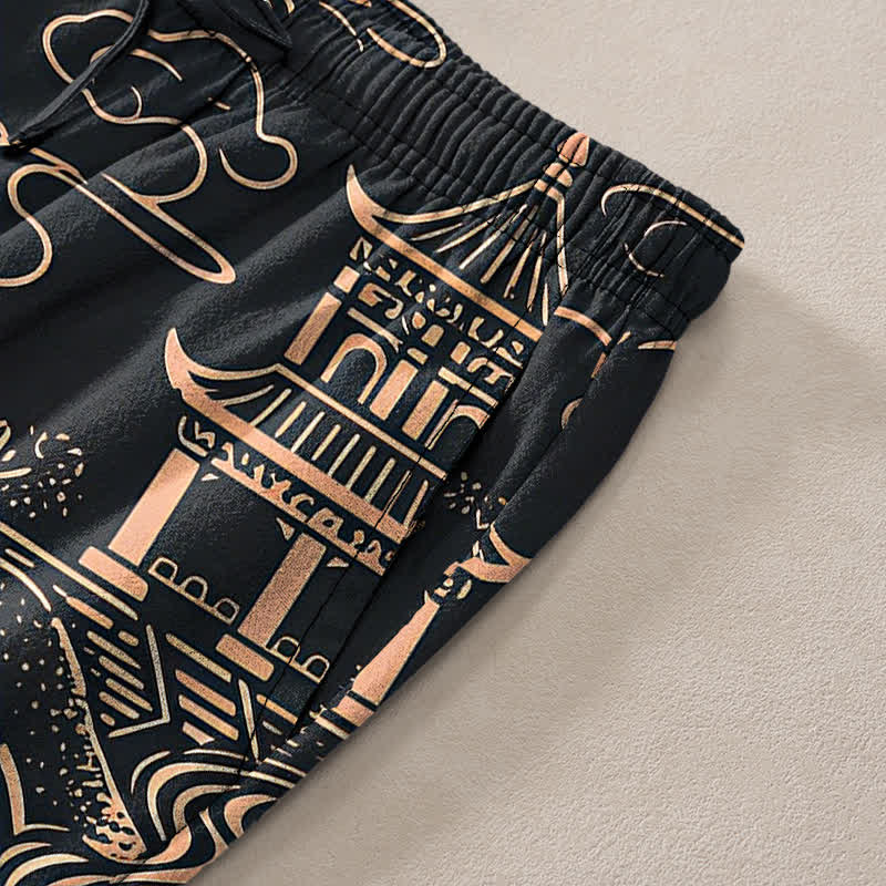 Buddha Stones Cotton Oriental Landscape Pattern Men's Tapered Pants With Pockets - image 7