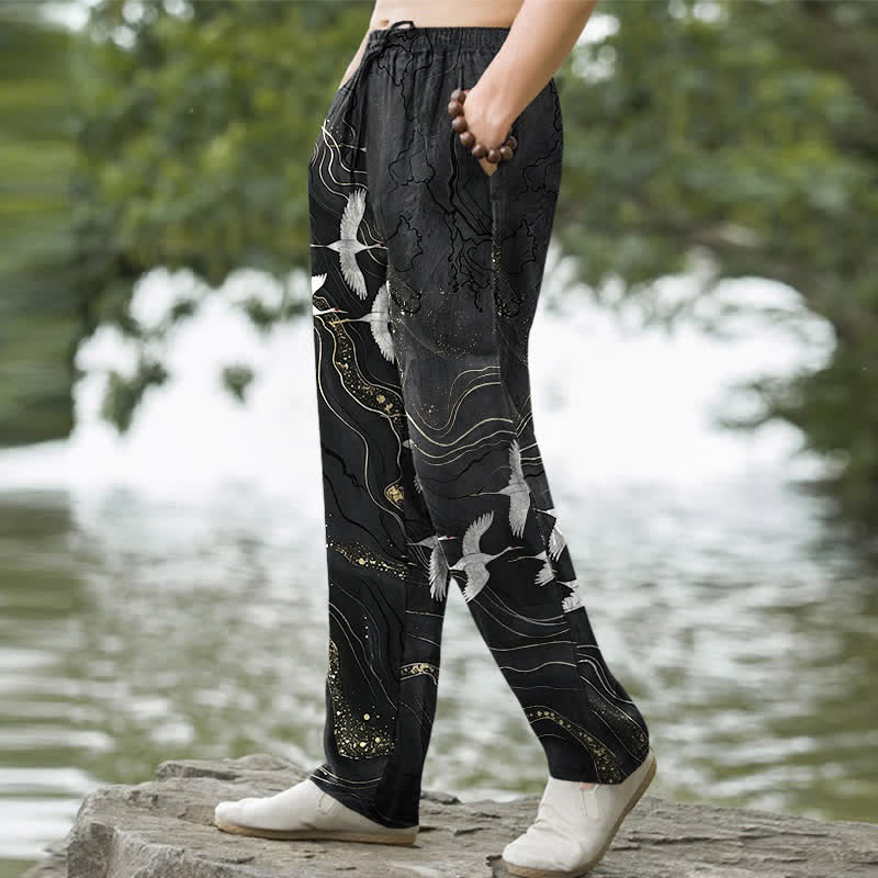 Buddha Stones Cotton White Crane Wave Pattern Men's Tapered Pants With Pockets - image 1