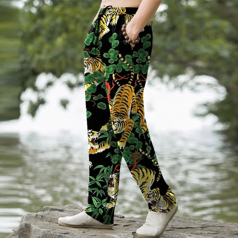 Buddha Stones Cotton Tiger Jungle Pattern Men's Tapered Pants With Pockets - image 1