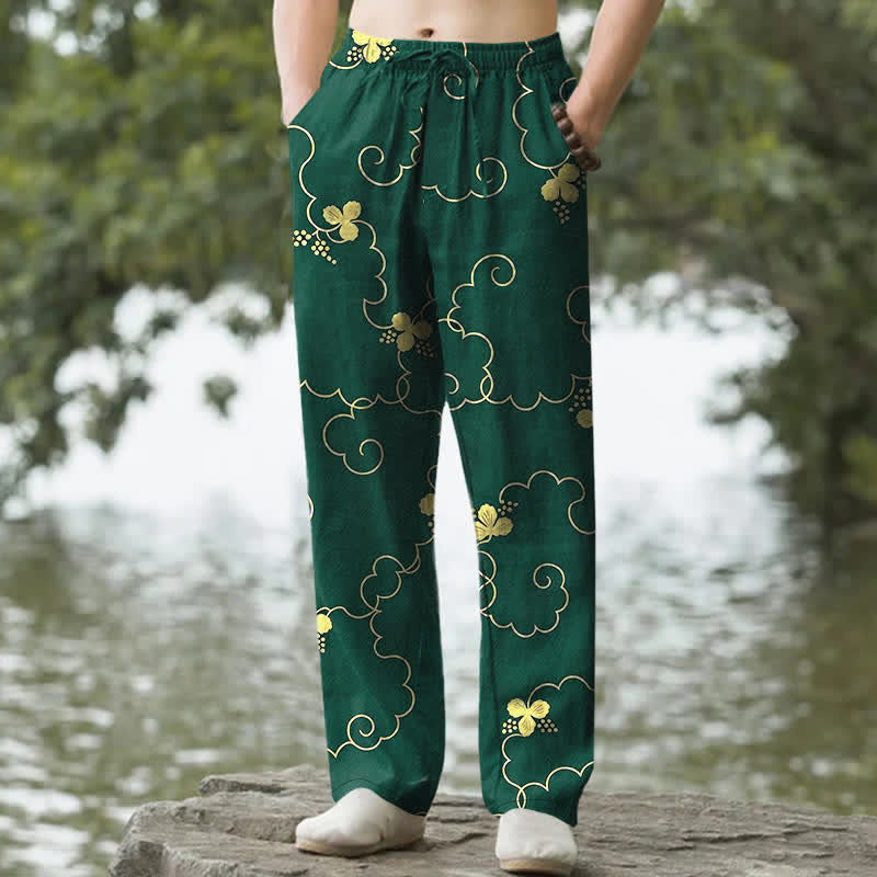 Buddha Stones Cotton Golden Floral Cloud Pattern Men's Tapered Pants With Pockets - ForestGreen - US/UK/AU50，EU60 (5XL) - image 0
