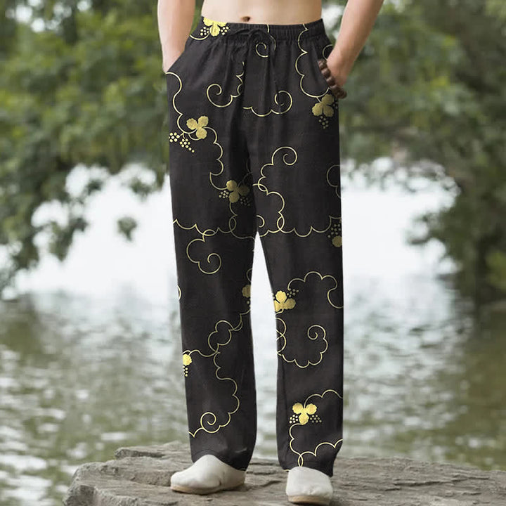 Buddha Stones Cotton Golden Floral Cloud Pattern Men's Tapered Pants With Pockets - Black - US/UK/AU50，EU60 (5XL) - image 4