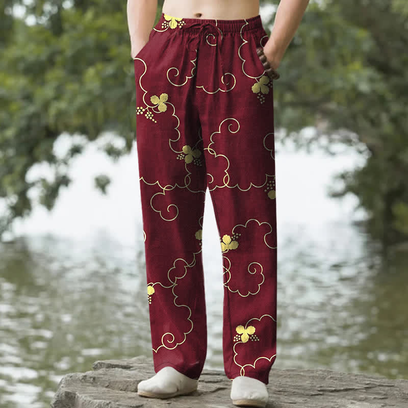 Buddha Stones Cotton Golden Floral Cloud Pattern Men's Tapered Pants With Pockets - Maroon - US/UK/AU50，EU60 (5XL) - image 8