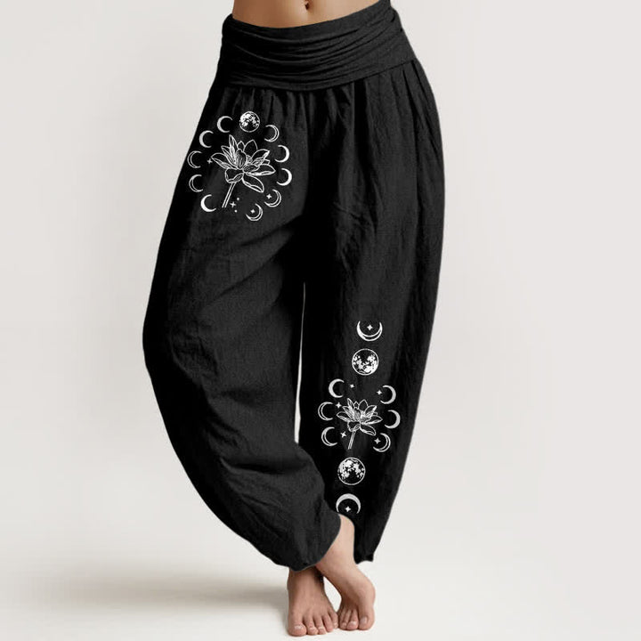 Buddha Stones Pure Cotton Lotus Moon Phase Pattern Women's Elastic Waist Harem Pants - Black - US16，UK/AU20，EU48 (3XL) - image 0