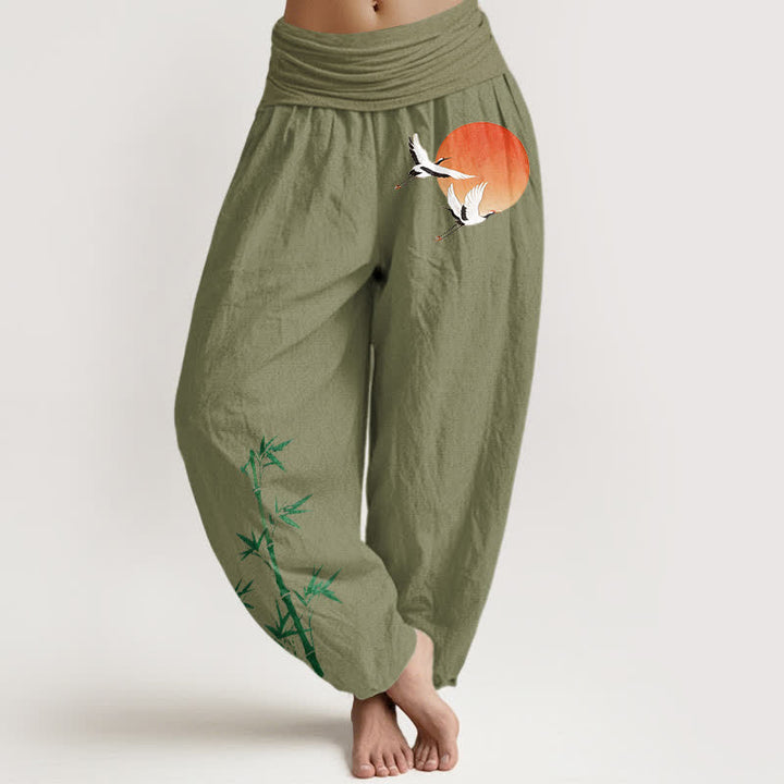 Buddha Stones Pure Cotton Sun Crane Bamboo Pattern Women's Elastic Waist Harem Pants - OliveDrab - US16，UK/AU20，EU48 (3XL) - image 14