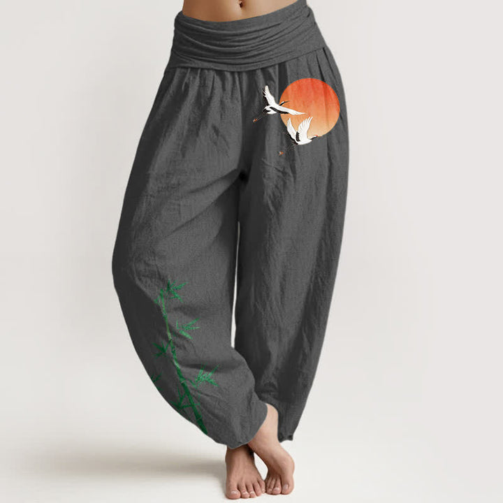 Buddha Stones Pure Cotton Sun Crane Bamboo Pattern Women's Elastic Waist Harem Pants - DimGray - US16，UK/AU20，EU48 (3XL) - image 11