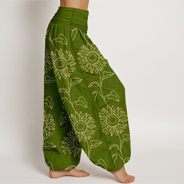 Buddha Stones Cotton Gold Sunflower Line Art Pattern Women's Elastic Waist Harem Pants - image 2