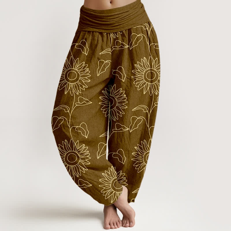 Buddha Stones Cotton Gold Sunflower Line Art Pattern Women's Elastic Waist Harem Pants - DarkGoldenrod - US16，UK/AU20，EU48 (3XL) - image 8
