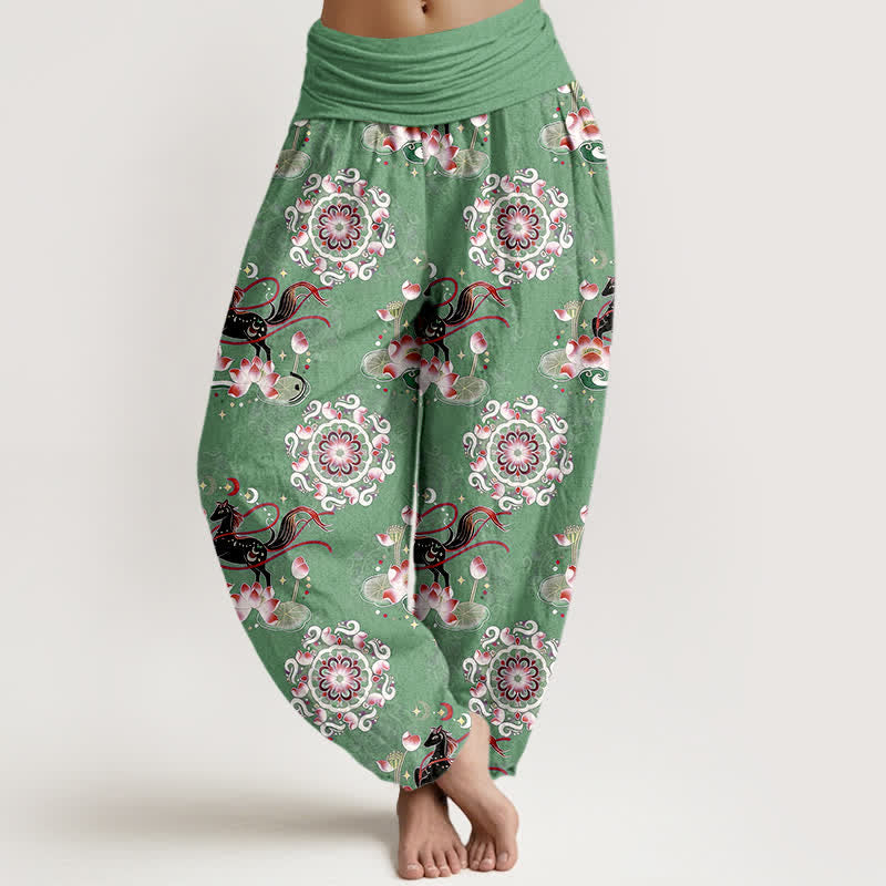 Buddha Stones Pure Cotton Horse, Lotus And Mandala Pattern Women's Elastic Waist Harem Pants - MediumSeaGreen - US16，UK/AU20，EU48 (3XL) - image 5