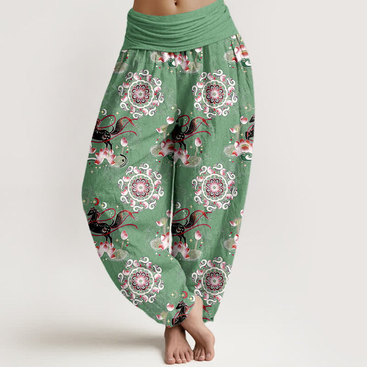 Buddha Stones Pure Cotton Horse, Lotus And Mandala Pattern Women's Elastic Waist Harem Pants - MediumSeaGreen - US16，UK/AU20，EU48 (3XL) - image 5
