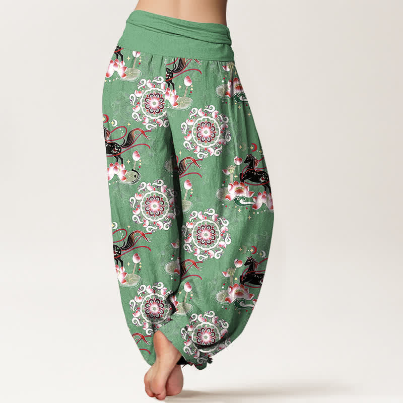 Buddha Stones Pure Cotton Horse, Lotus And Mandala Pattern Women's Elastic Waist Harem Pants - image 6