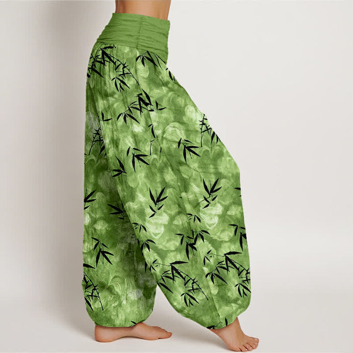 Buddha Stones Pure Cotton Black Bamboo Leaf Pattern Women's Elastic Waist Harem Pants - image 2