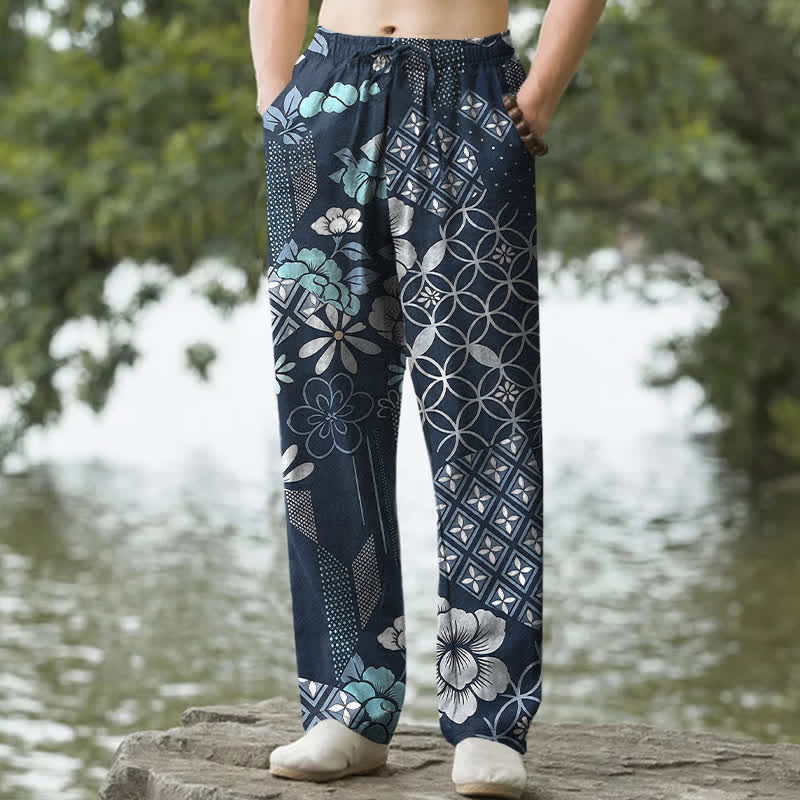 Buddha Stones Cotton Bohemian Floral Geometric Pattern Men's Tapered Pants With Pockets - Navy - US/UK/AU50，EU60 (5XL) - image 0