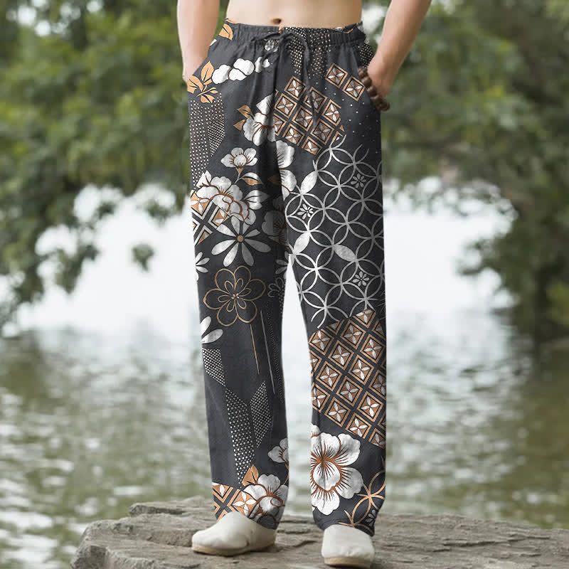 Buddha Stones Cotton Bohemian Floral Geometric Pattern Men's Tapered Pants With Pockets - DimGray - US/UK/AU50，EU60 (5XL) - image 6