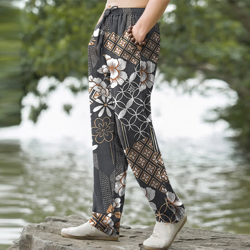 Buddha Stones Cotton Bohemian Floral Geometric Pattern Men's Tapered Pants With Pockets - image 7