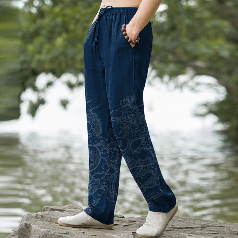 Buddha Stones Cotton Subtle Dragon Pattern Men's Tapered Pants With Pockets - image 1