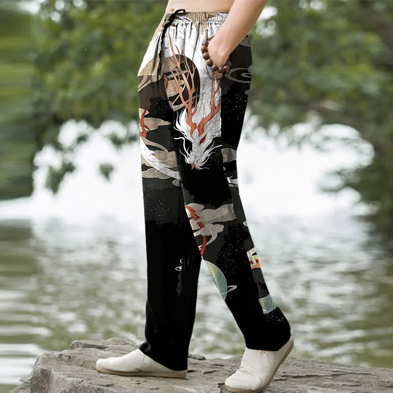 Buddha Stones Cotton White Dragon Cloud Pattern Men's Tapered Pants With Pockets - image 5