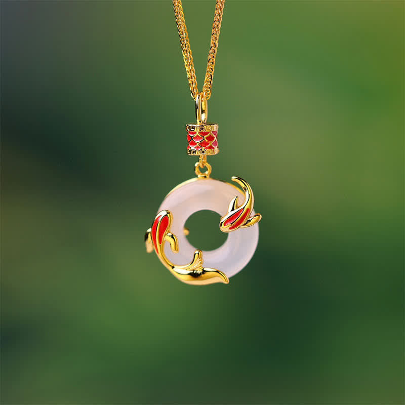 Buddha Stones White Chalcedony Koi Fish Success Peace Buckle Round Necklace - image 3