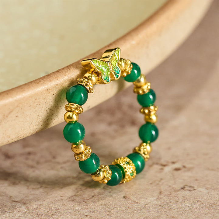Buddha Stones Natural Green Agate Bead Copper Butterfly Renewal Ring - Green Agate - image 0
