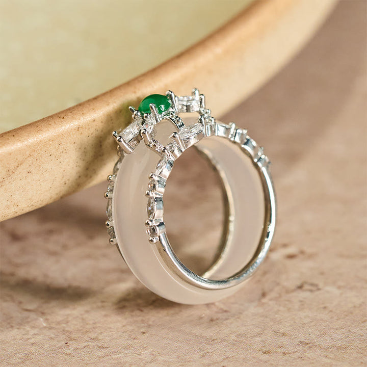 Buddha Stones Chalcedony Flower Green Zircon Positive Ring - image 1