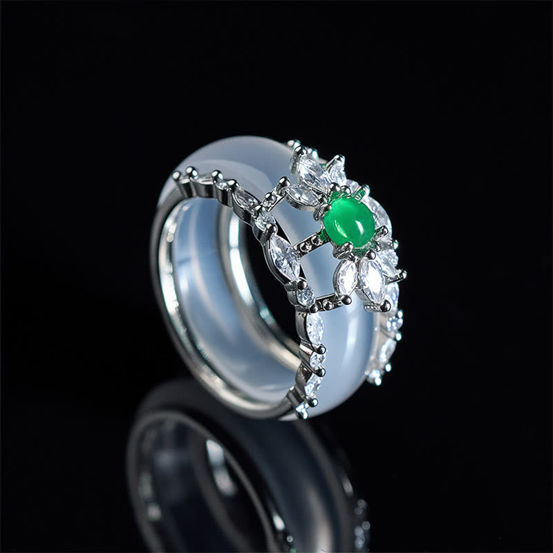 Buddha Stones Chalcedony Flower Green Zircon Positive Ring - Chalcedony(US 8) - image 0