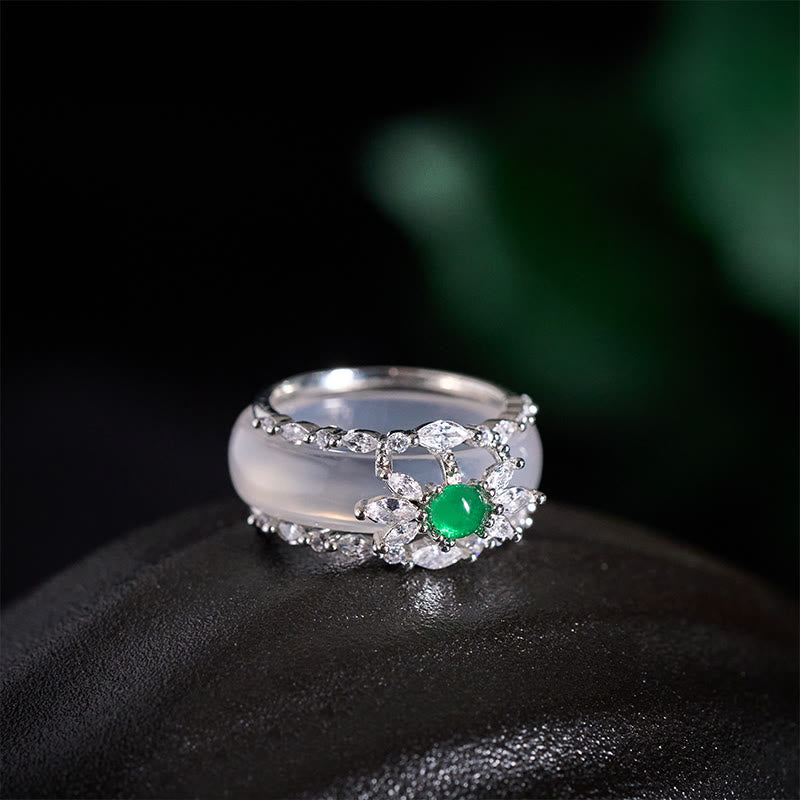 Buddha Stones Chalcedony Flower Green Zircon Positive Ring - image 8