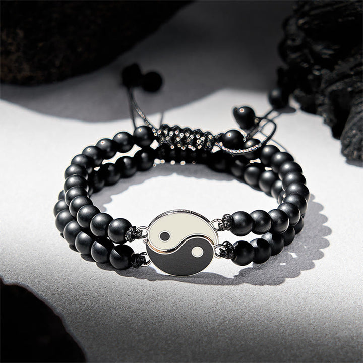 Buddha Stones Yin Yang Hematite Frosted Stone Lava Rock Support Bracelet - Frosted Stone(Wrist Circumference: 17-27cm) - image 7