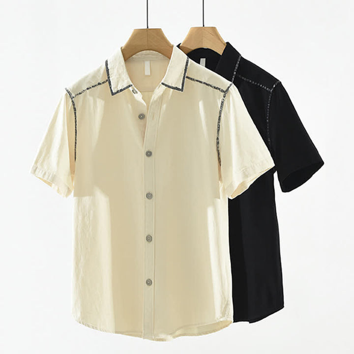 Buddha Stones Summer Casual Vintage Line Design Button-Up Solid Men's Short Sleeve Shirts - image 12