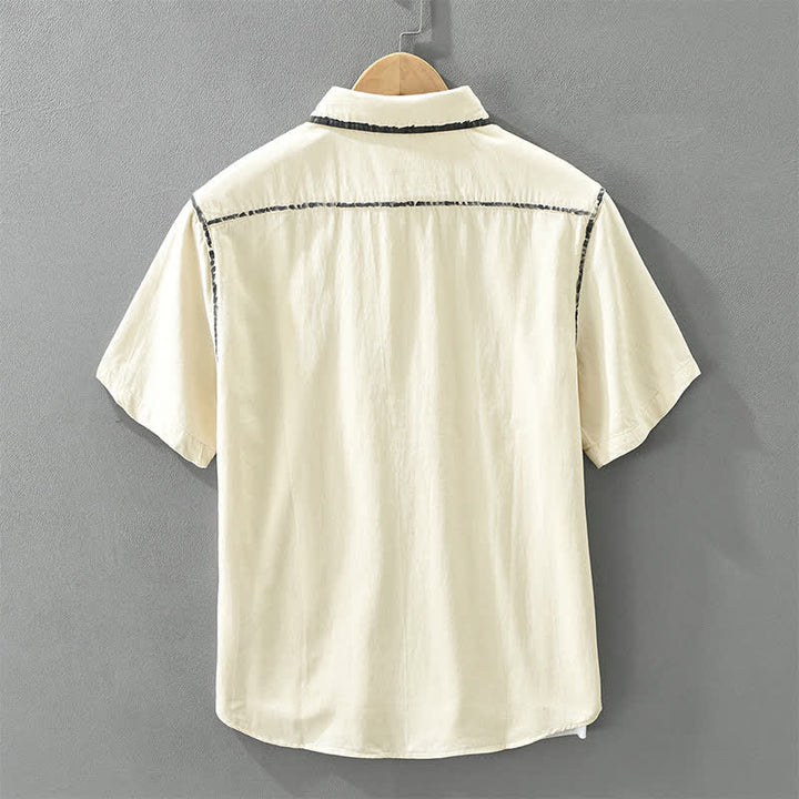 Buddha Stones Summer Casual Vintage Line Design Button-Up Solid Men's Short Sleeve Shirts - image 1