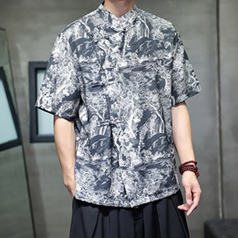 Buddha Stones Summer Tang Style Frog Button Trees Abstract Pattern Men's Short Sleeve Shirts - image 7