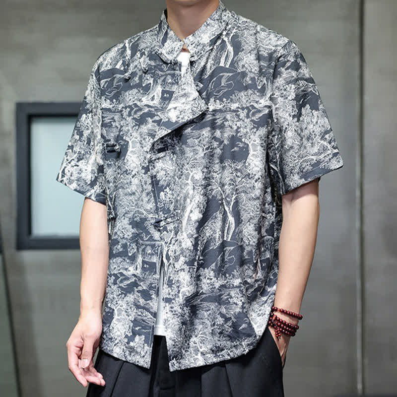 Buddha Stones Summer Tang Style Frog Button Trees Abstract Pattern Men's Short Sleeve Shirts - image 9