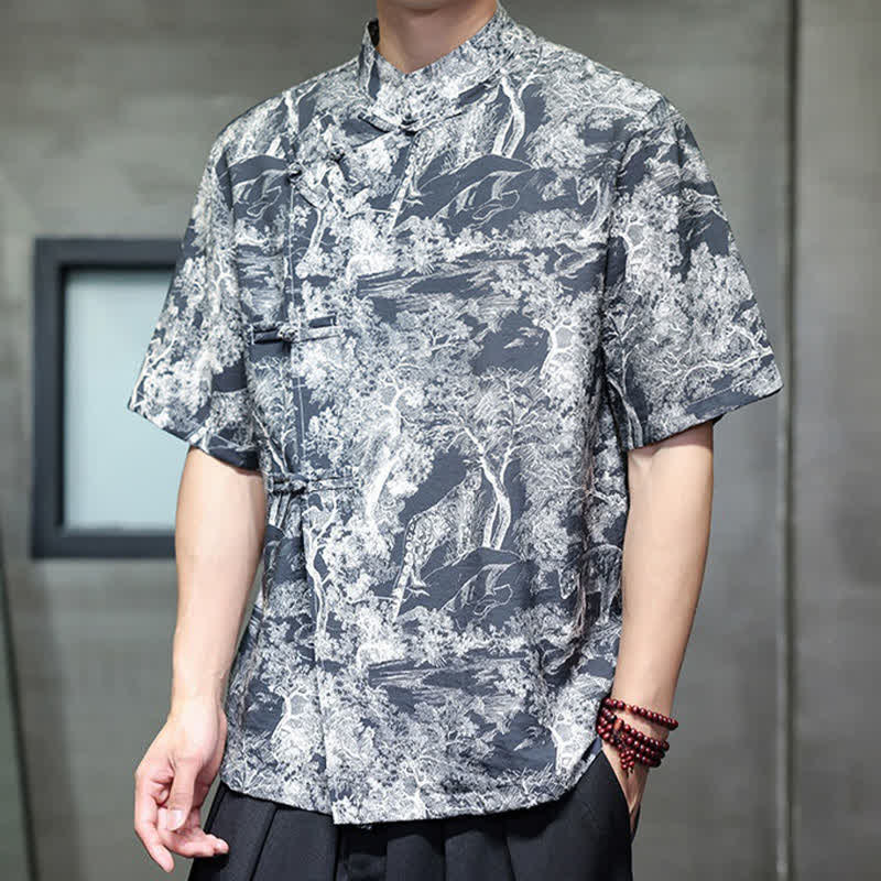 Buddha Stones Summer Tang Style Frog Button Trees Abstract Pattern Men's Short Sleeve Shirts - image 8