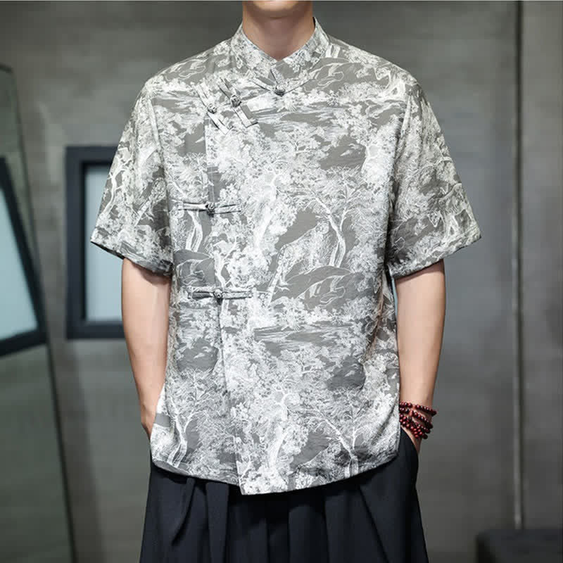 Buddha Stones Summer Tang Style Frog Button Trees Abstract Pattern Men's Short Sleeve Shirts - SlateGray - US/UK/AU44，EU54 (4XL) - image 13