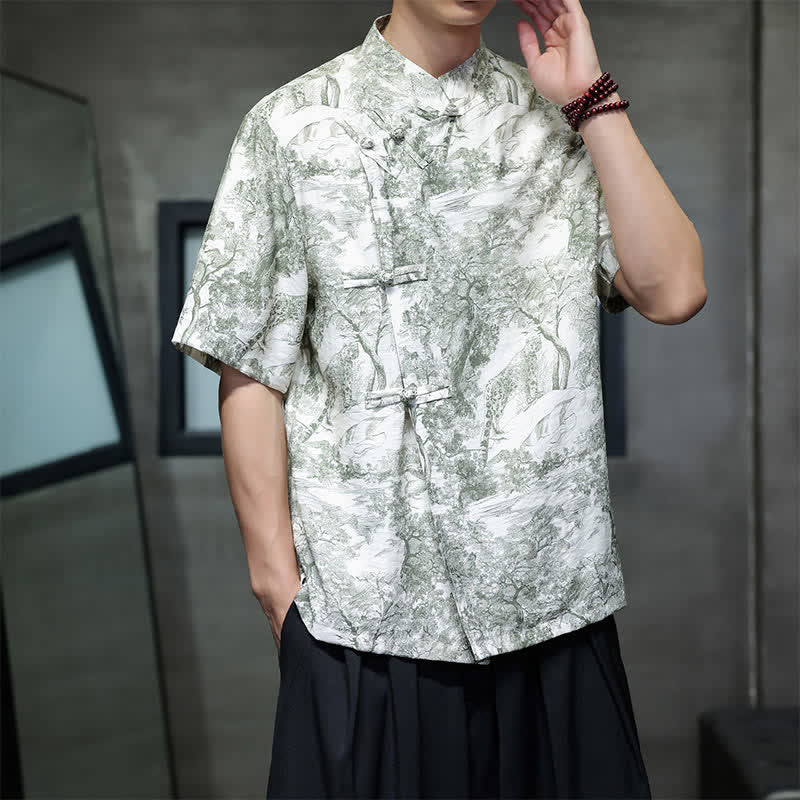 Buddha Stones Summer Tang Style Frog Button Trees Abstract Pattern Men's Short Sleeve Shirts - image 24